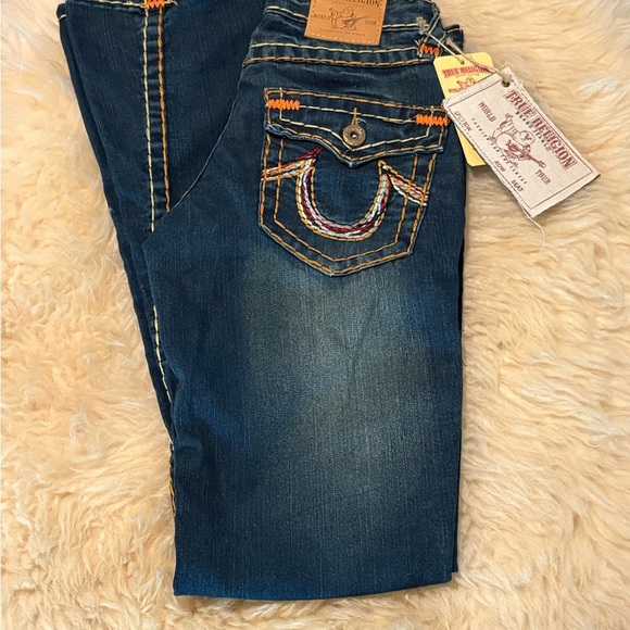 NWT True Religion Flare Indigo Jeans with Bold Orange Embroidered Stitching - Picture 7 of 7